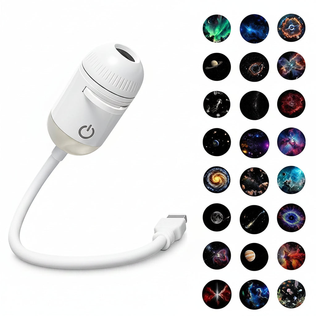 White USB projection night light with 24 projection films displayed on a white background