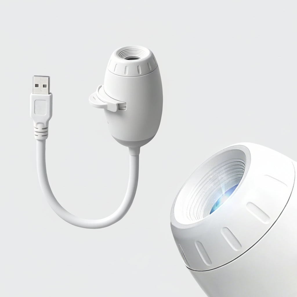 White lamp with USB cable on a light gray background