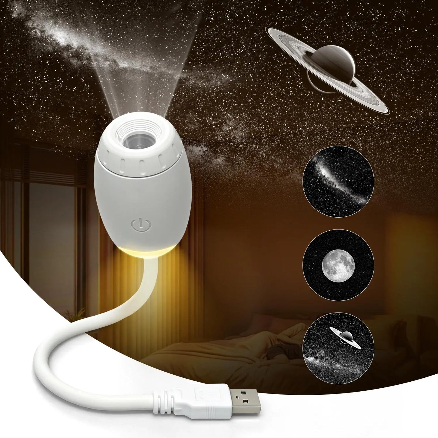 White night light projector with USB cable on a dark background with celestial designs.