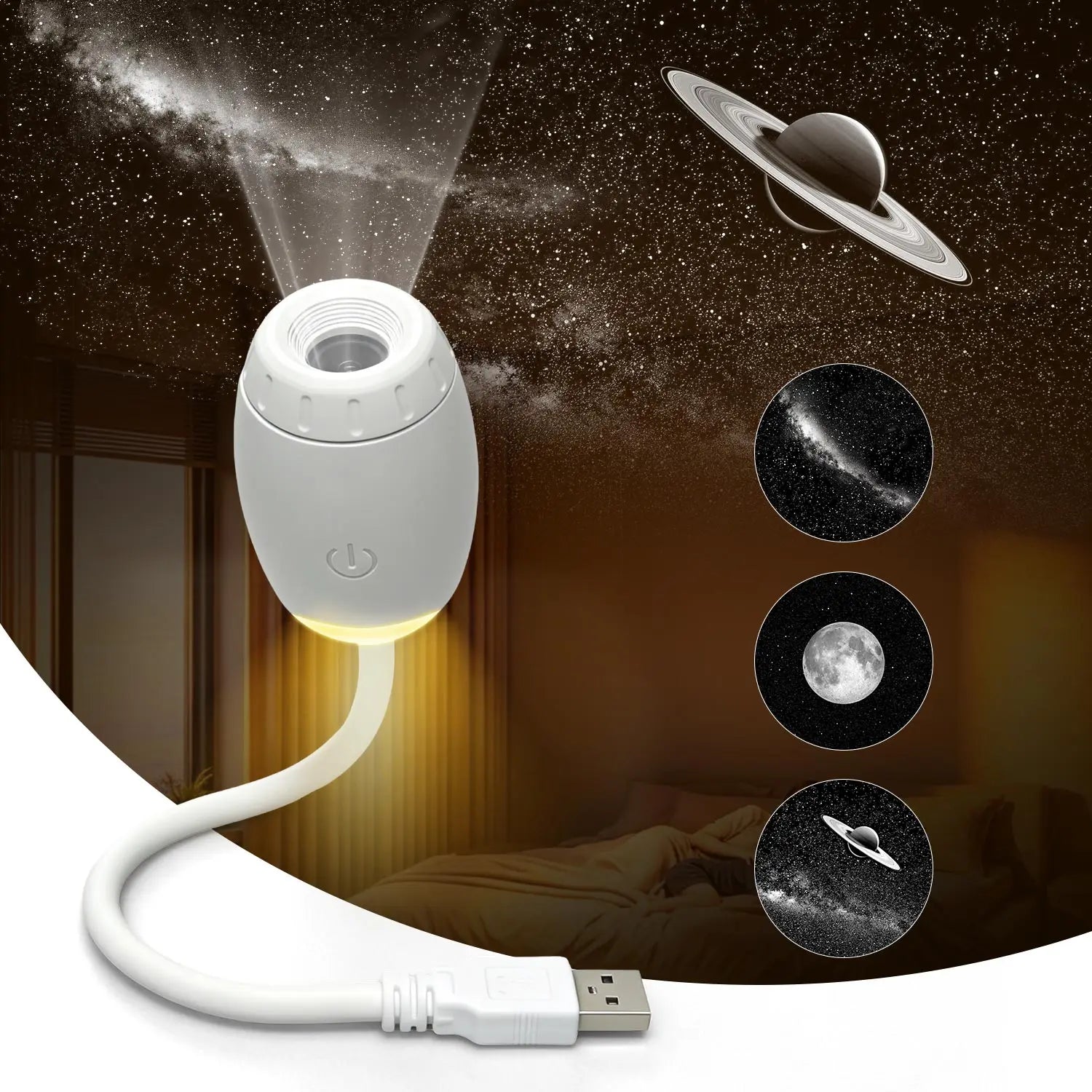 White night light projector with USB cable on a dark background with celestial designs.