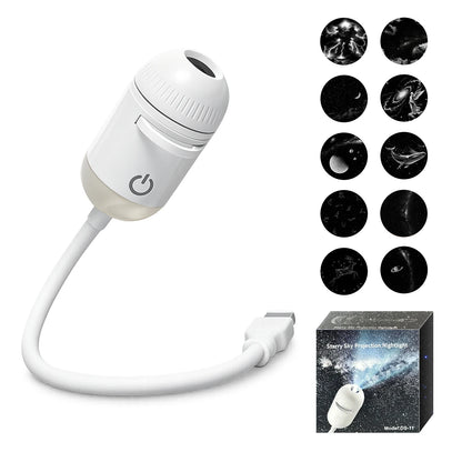 White night light with flexible arm, packaging, and star patterned discs on a white background