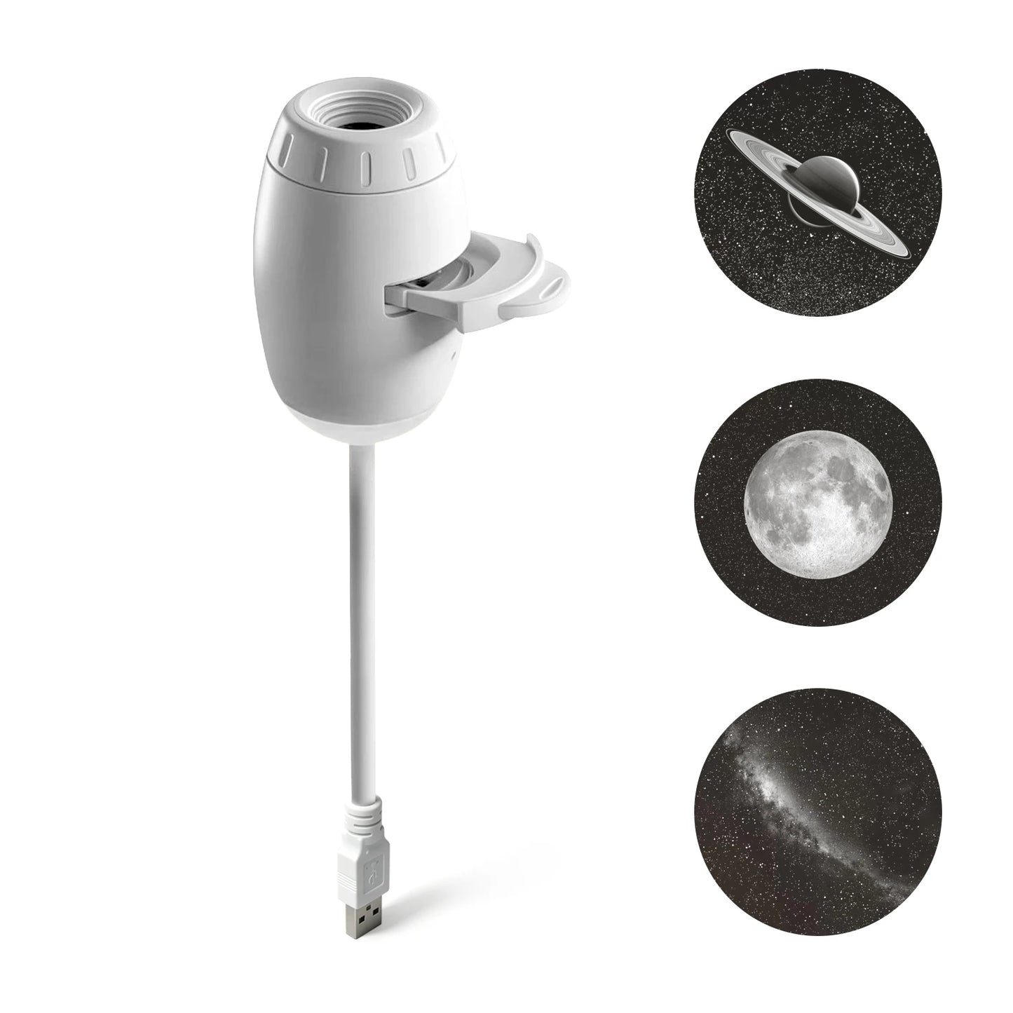 White outdoor light projector with images of celestial bodies on a white background