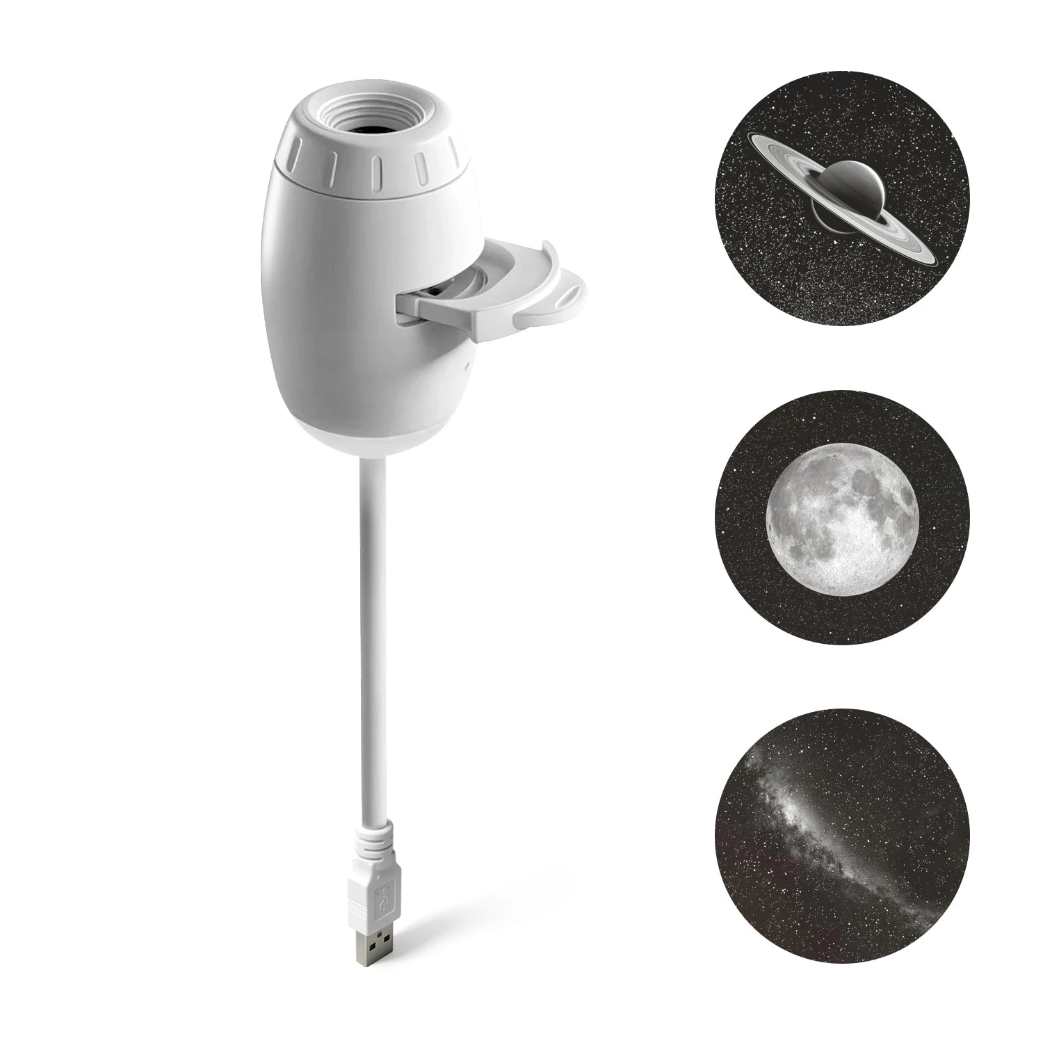 White outdoor light projector with images of celestial bodies on a white background