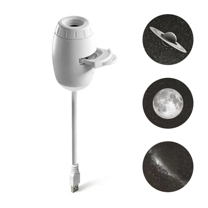 White outdoor light projector with images of celestial bodies on a white background