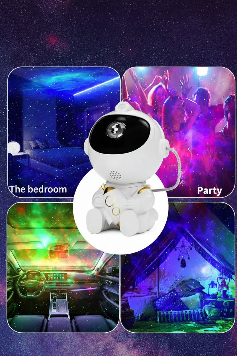 White robot with black head used in various settings like bedroom, party, car, and tent.