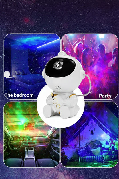 White robot with black head used in various settings like bedroom, party, car, and tent.