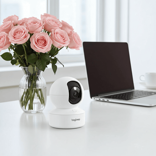 A white Bayleep dome security camera sits on a white desk next to a glass vase of pink roses and an open laptop, with a bright window in the background.