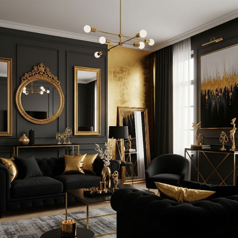 Luxurious living room with dark walls, gold accents, and modern decor.